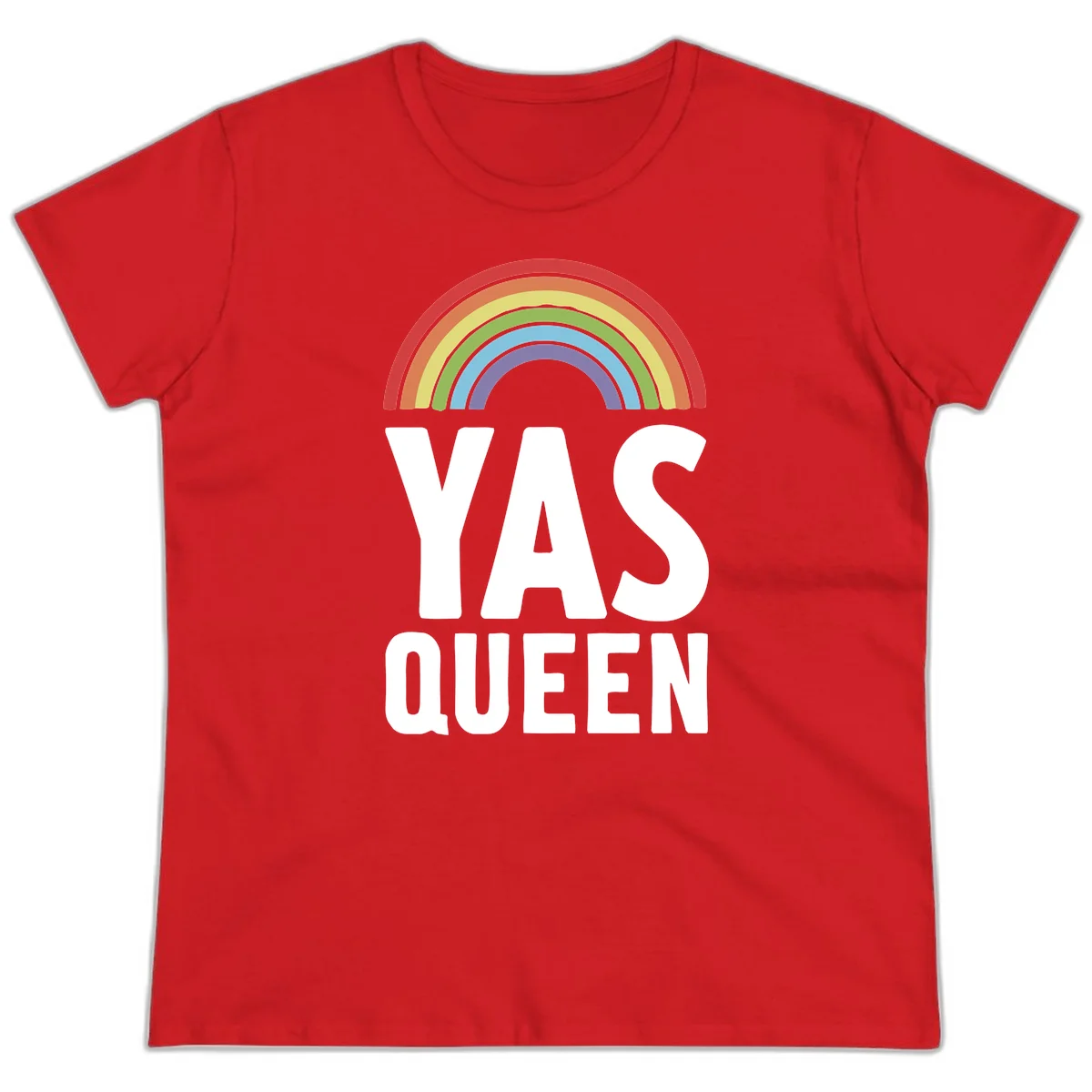 Yas queen pride rainbow design with colorful arc and bold white lettering on gray background in Red
