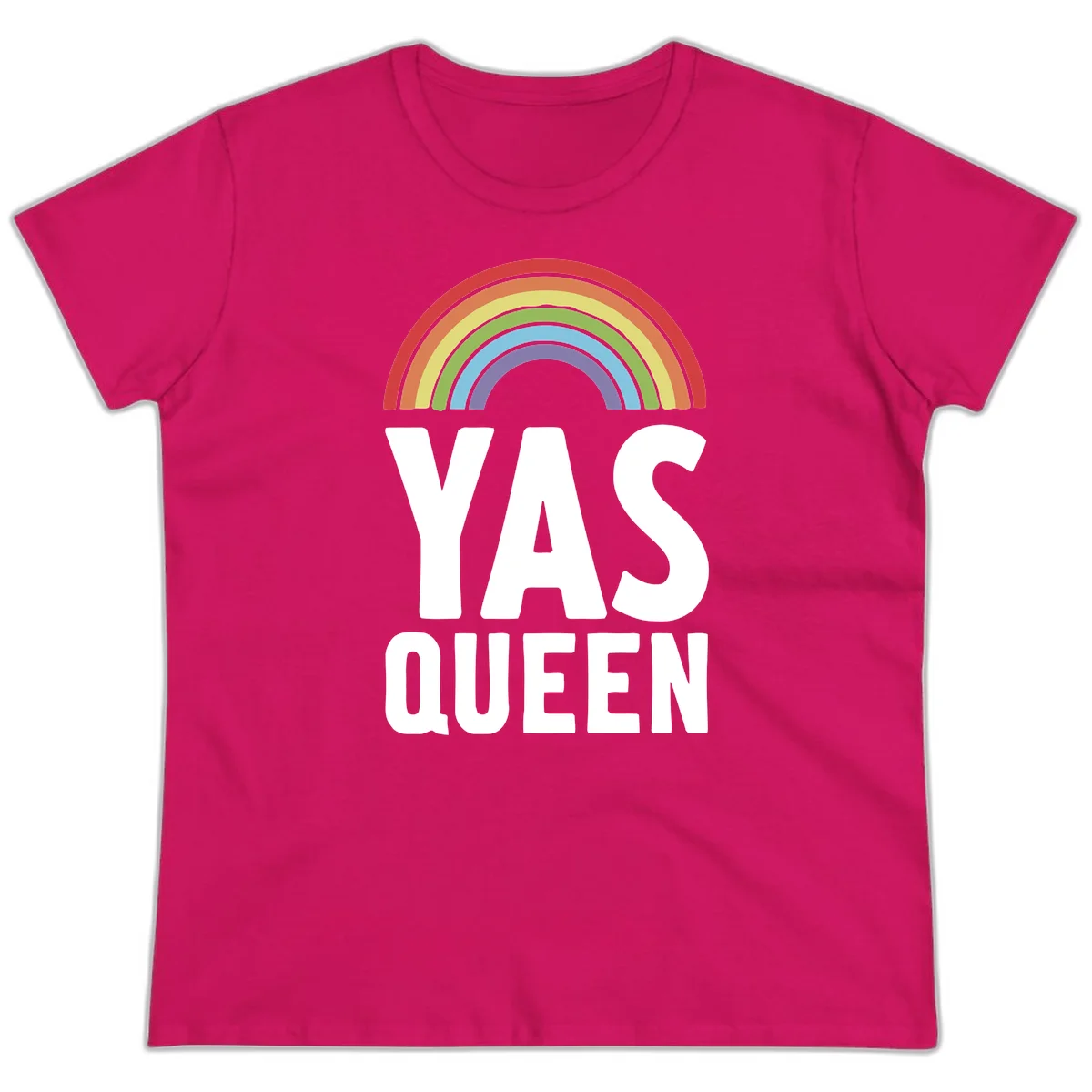 Yas queen pride rainbow design with colorful arc and bold white lettering on gray background in Heliconia