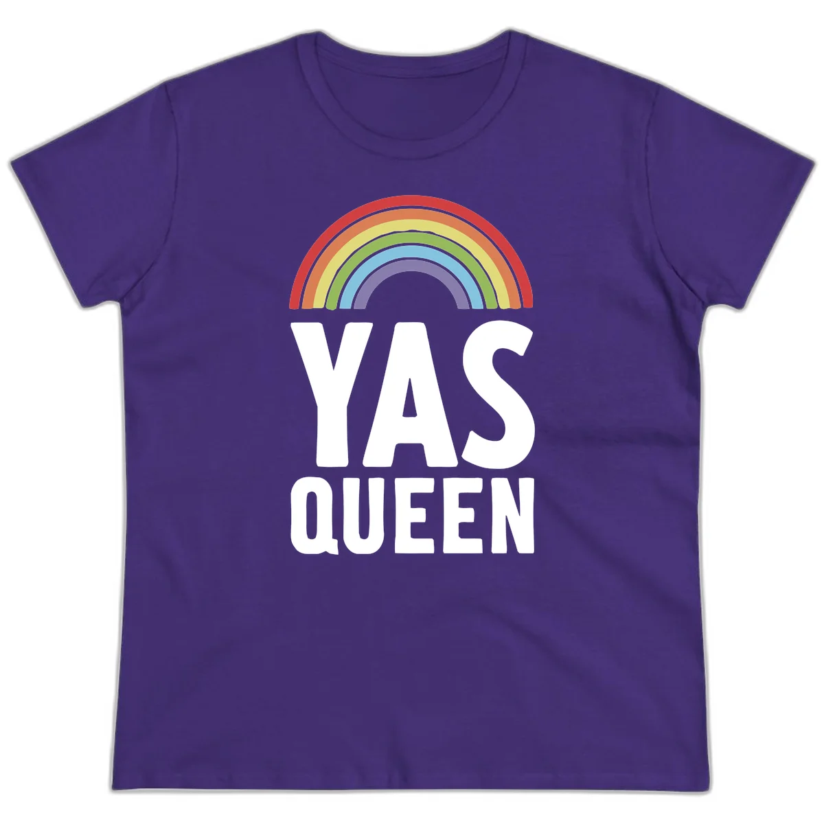Yas queen pride rainbow design with colorful arc and bold white lettering on gray background in Purple