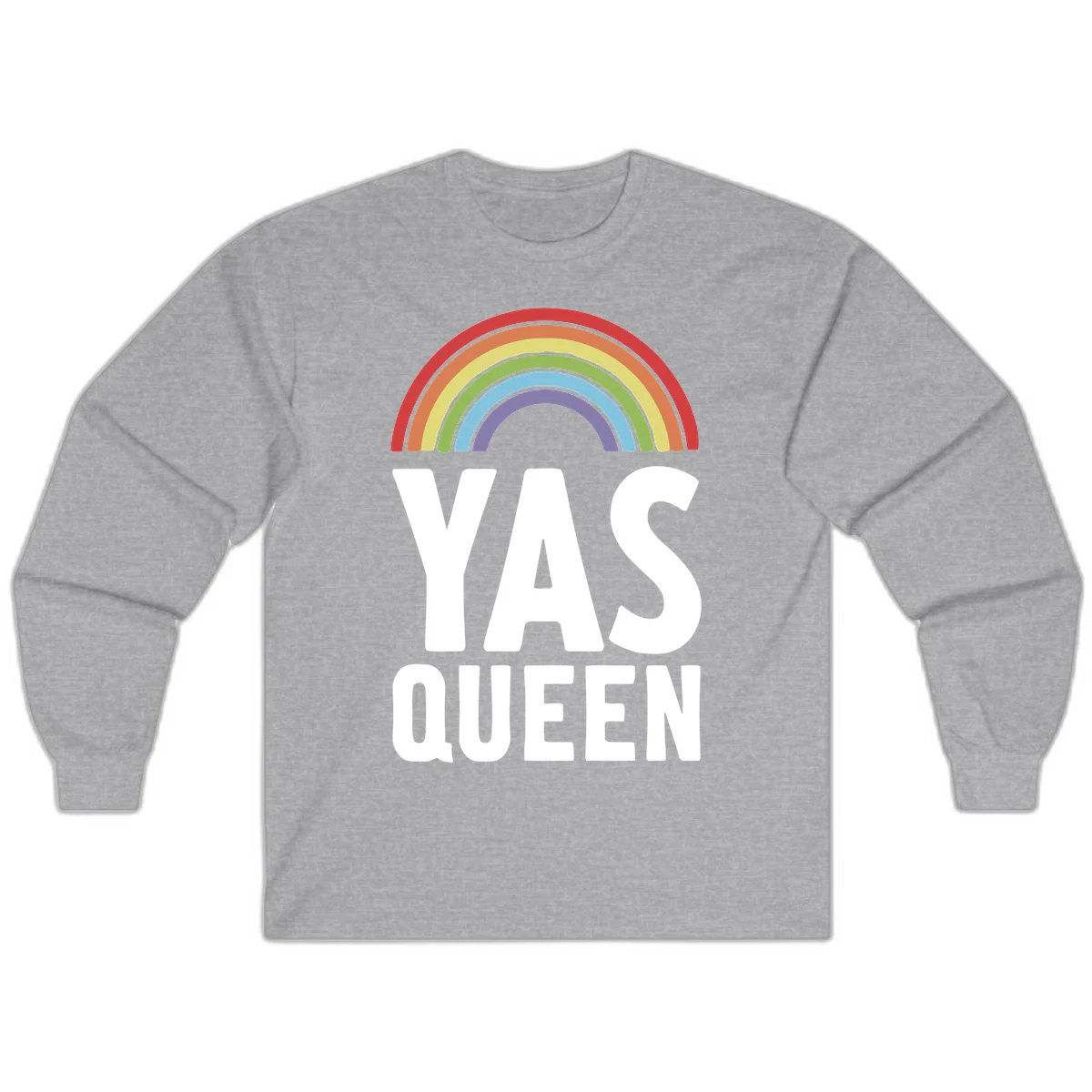 Yas queen pride rainbow design with colorful arc and bold white lettering on gray background in Sport Grey