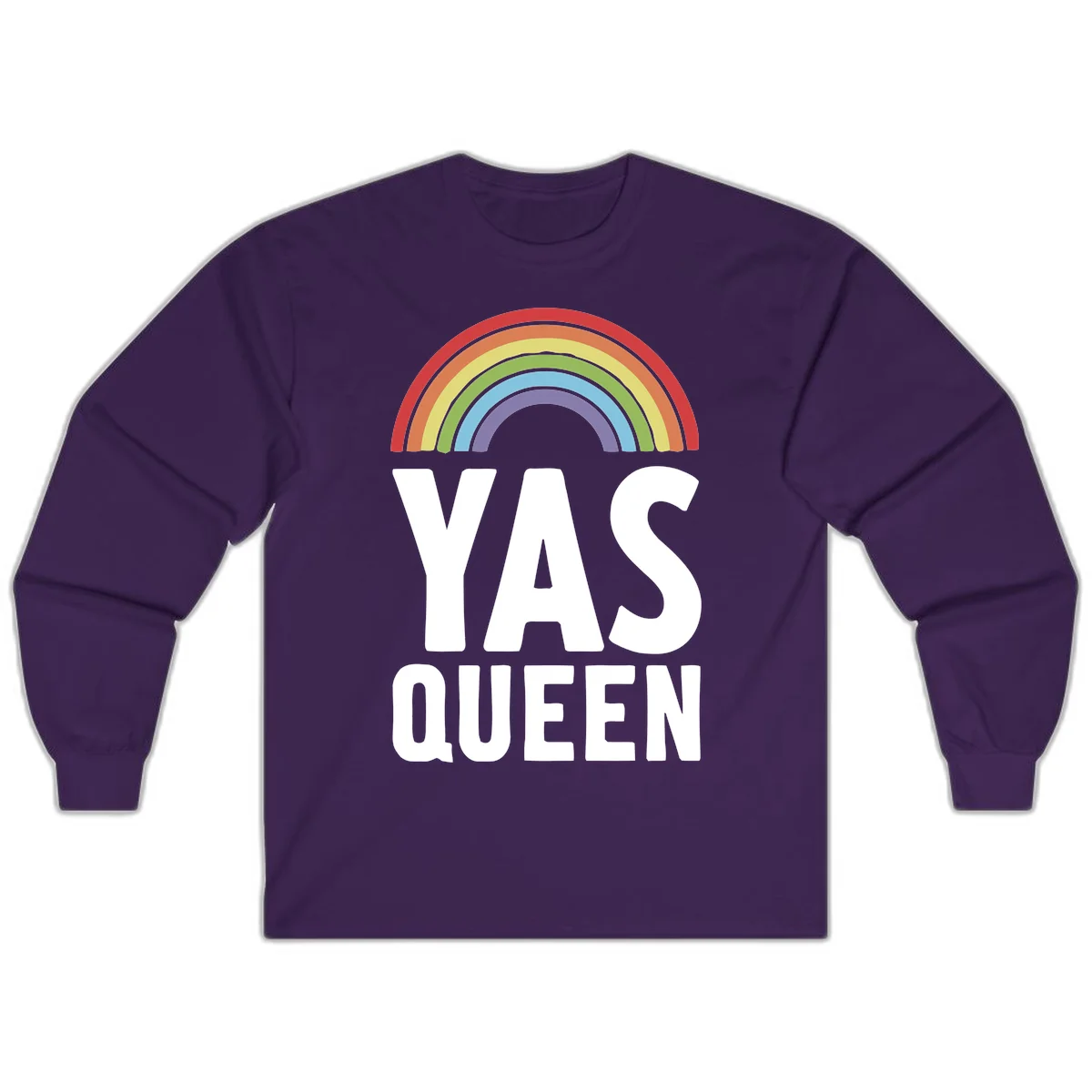 Yas queen pride rainbow design with colorful arc and bold white lettering on gray background in Purple