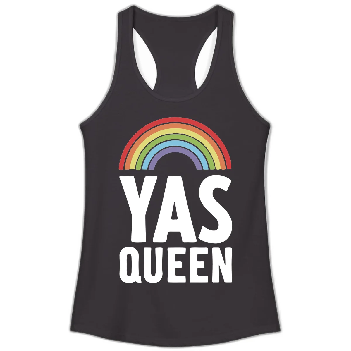 Yas queen pride rainbow design with colorful arc and bold white lettering on gray background in Black