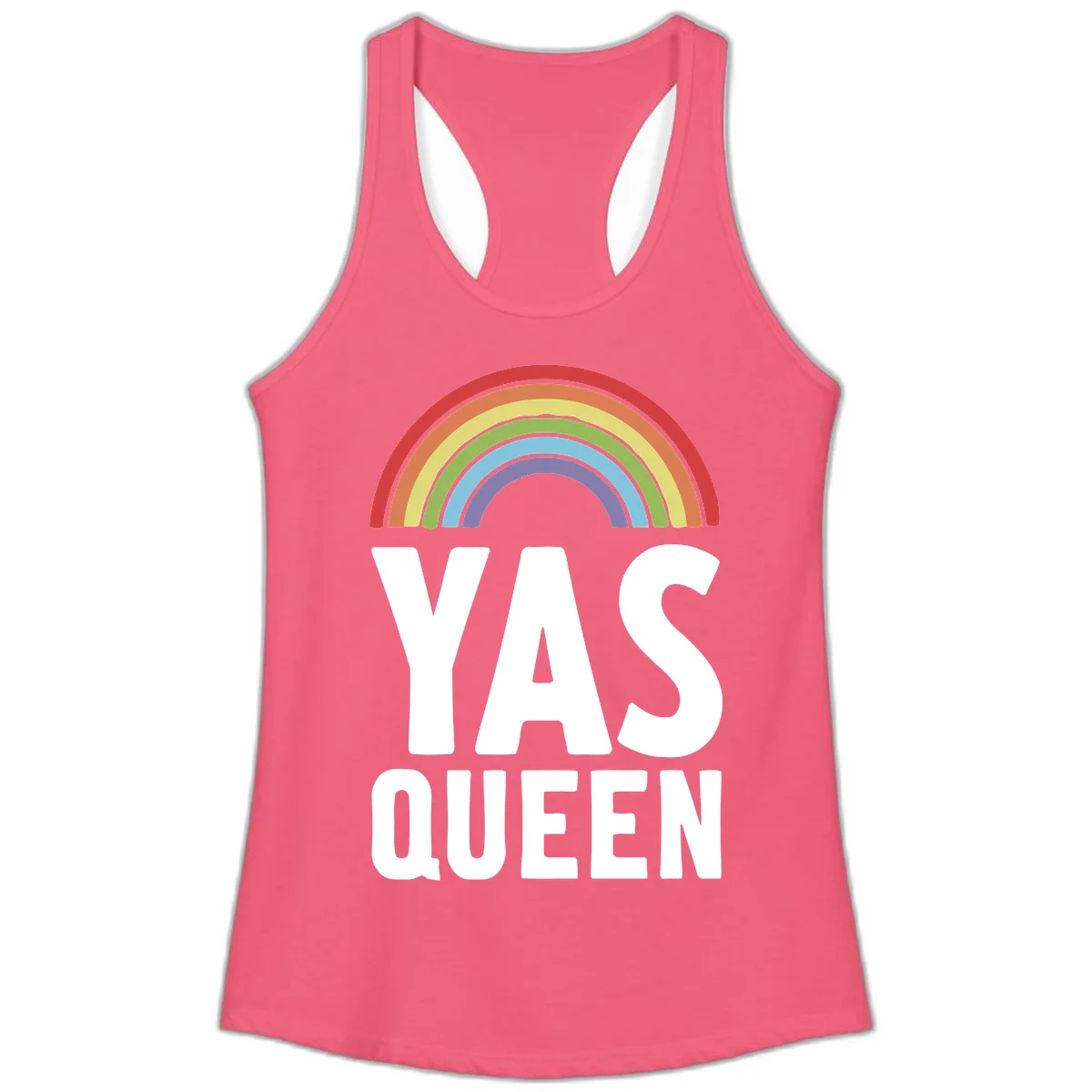 Yas queen pride rainbow design with colorful arc and bold white lettering on gray background in Hot Pink