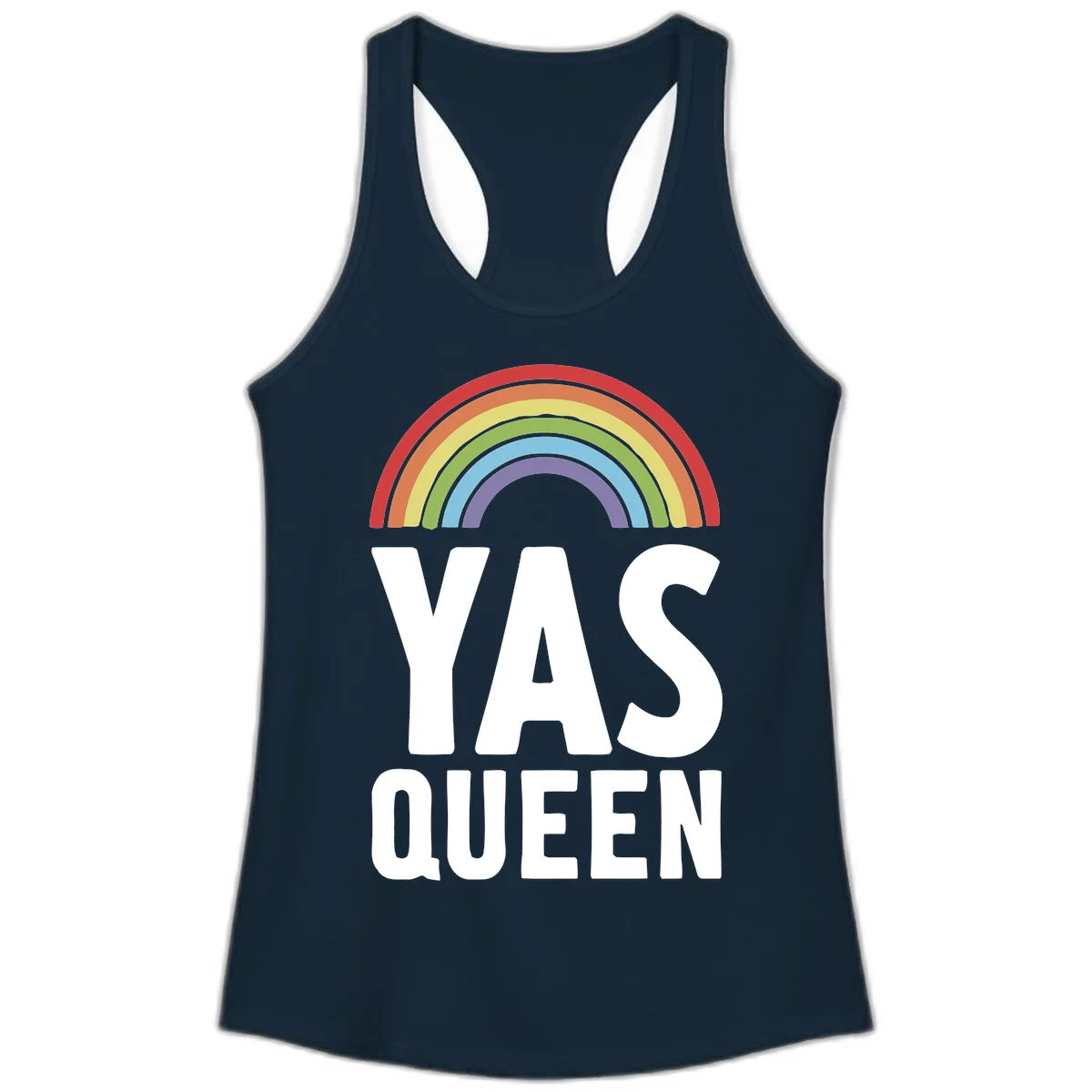 Yas queen pride rainbow design with colorful arc and bold white lettering on gray background in Solid Midnight Navy