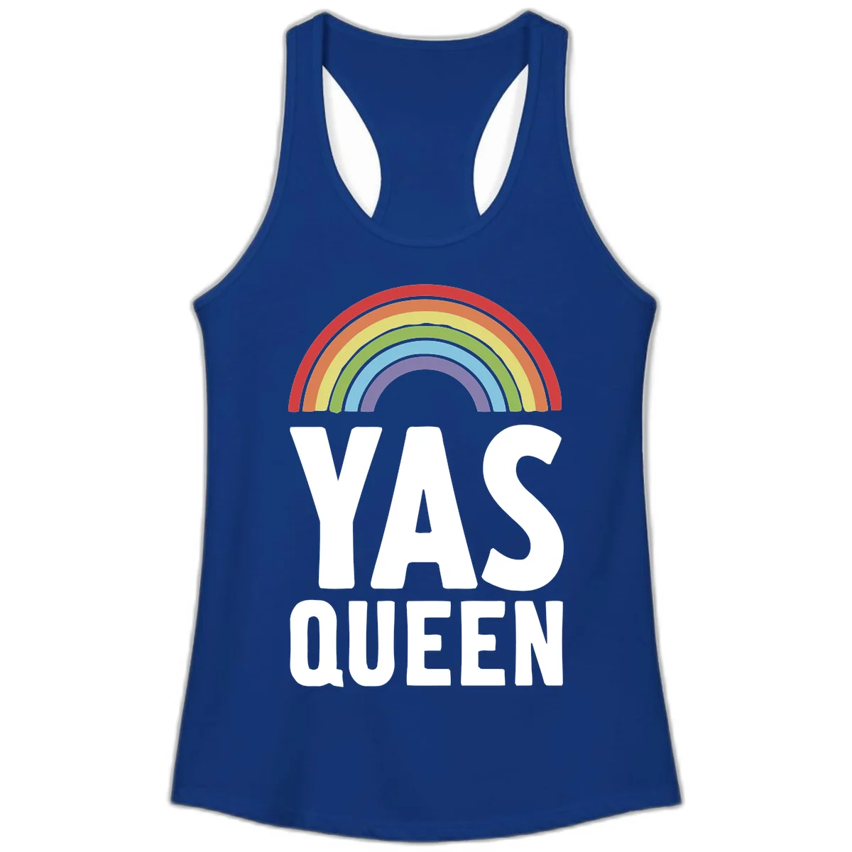 Yas queen pride rainbow design with colorful arc and bold white lettering on gray background in Solid Royal