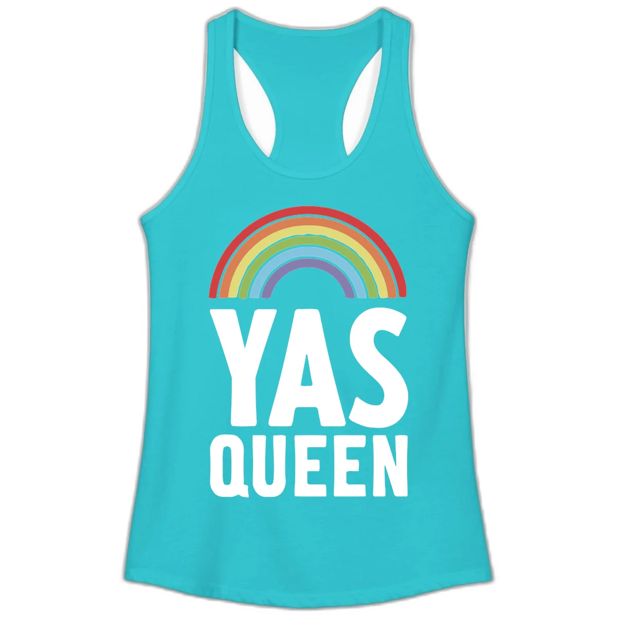 Yas queen pride rainbow design with colorful arc and bold white lettering on gray background in Solid Tahiti Blue