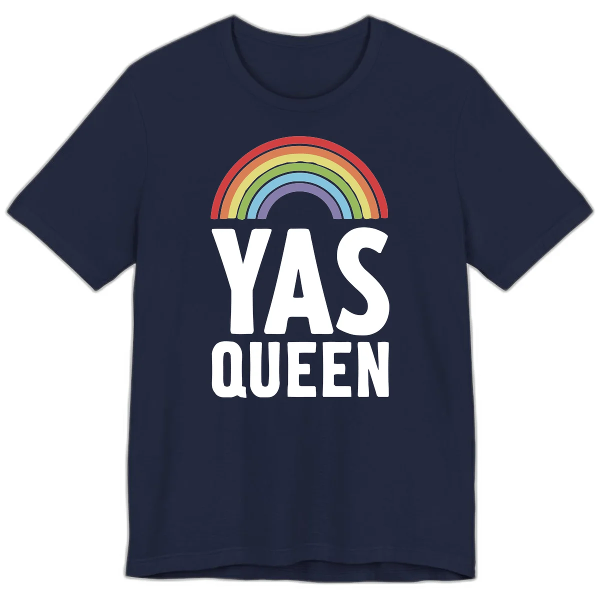 Yas queen pride rainbow design with colorful arc and bold white lettering on gray background in Navy