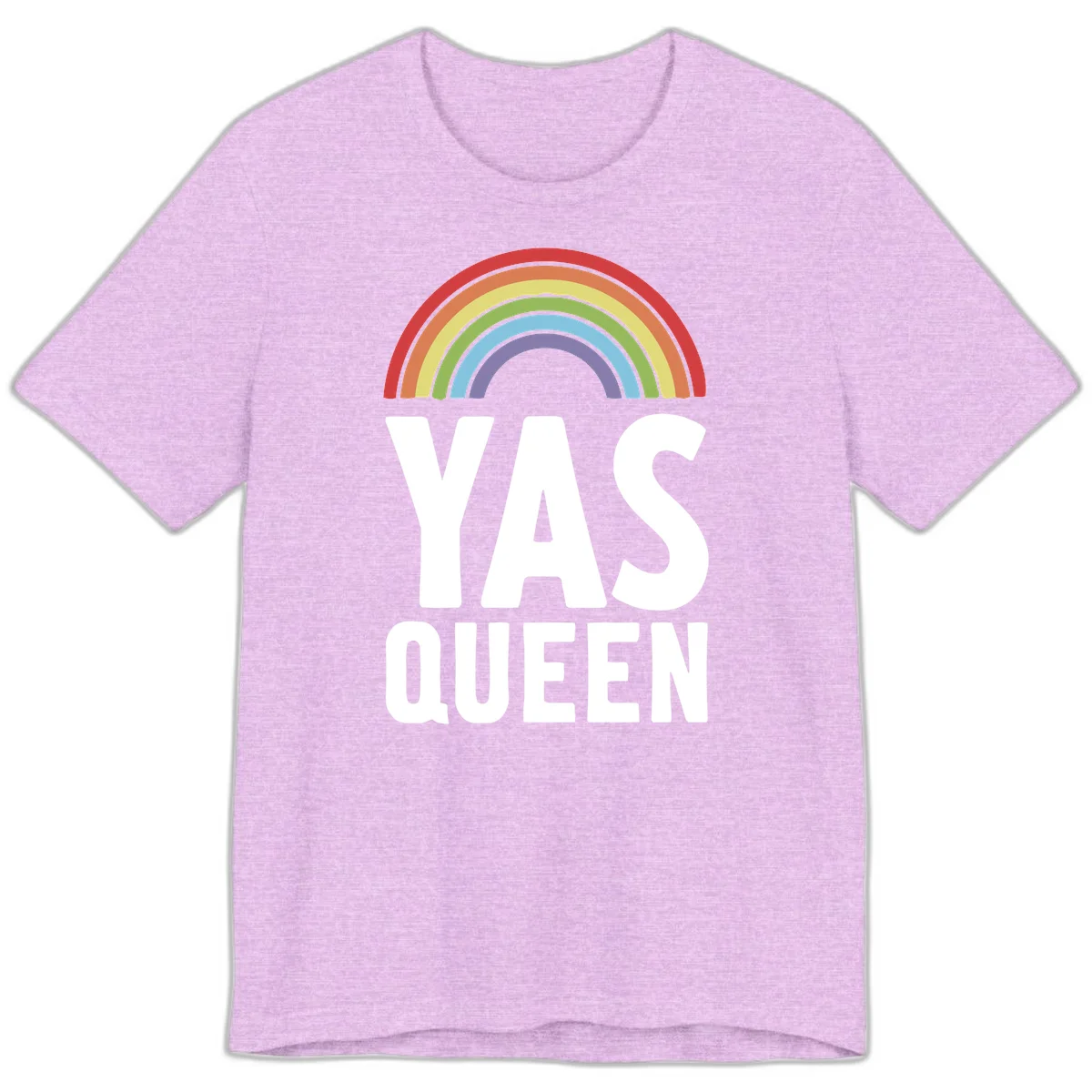 Yas queen pride rainbow design with colorful arc and bold white lettering on gray background in Heather Prism Lilac