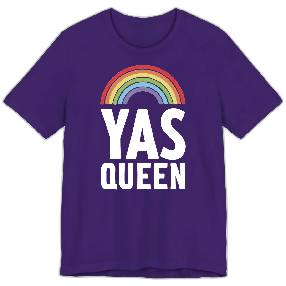 Yas queen pride rainbow design with colorful arc and bold white lettering on gray background in Team Purple