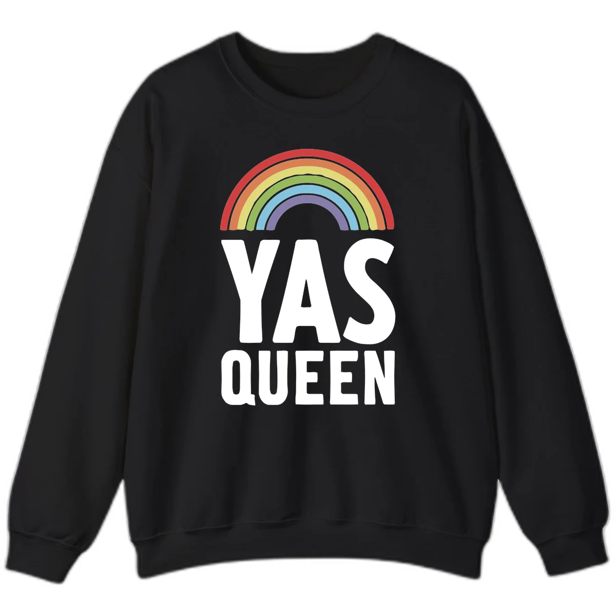 Yas queen pride rainbow design with colorful arc and bold white lettering on gray background in Black