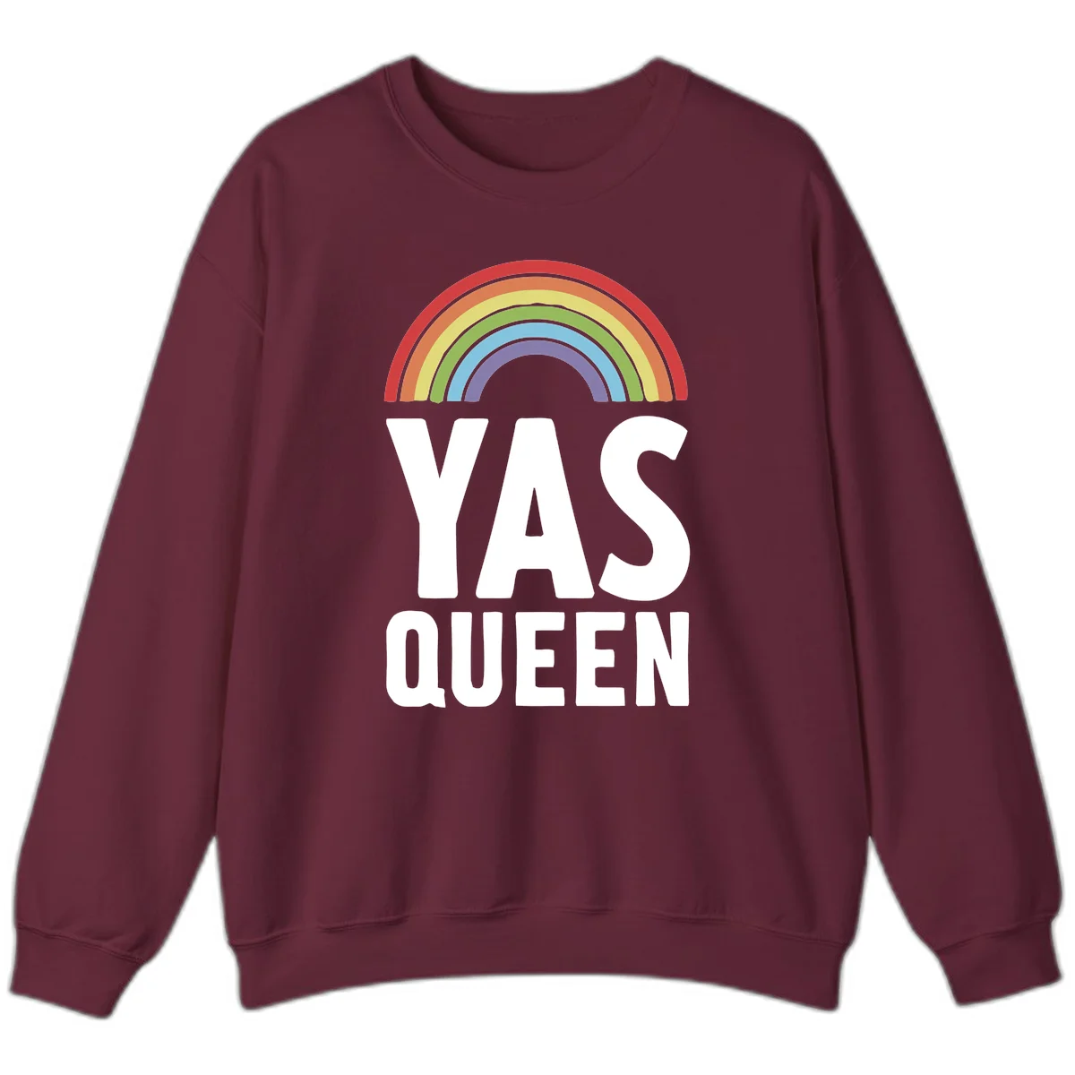 Yas queen pride rainbow design with colorful arc and bold white lettering on gray background in Maroon