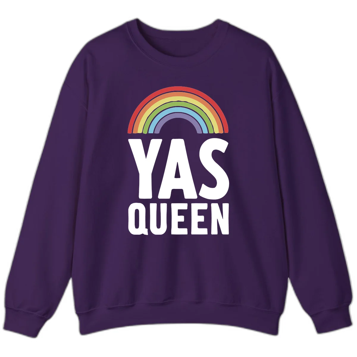 Yas queen pride rainbow design with colorful arc and bold white lettering on gray background in Purple
