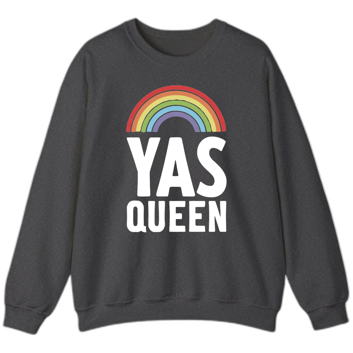Yas queen pride rainbow design with colorful arc and bold white lettering on gray background in Dark Heather