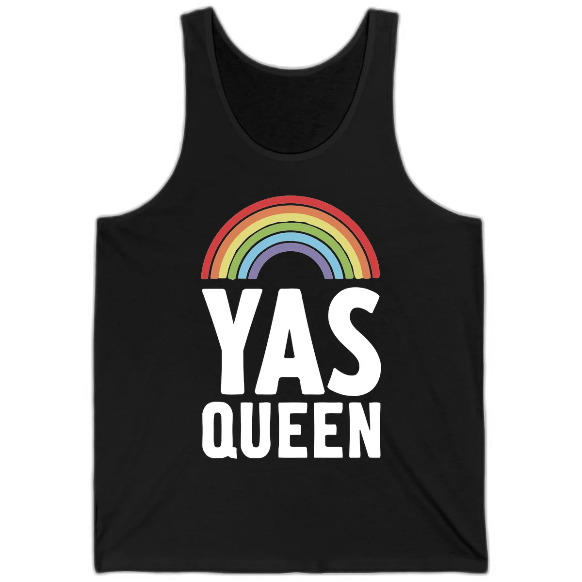 Yas queen pride rainbow design with colorful arc and bold white lettering on gray background in Black