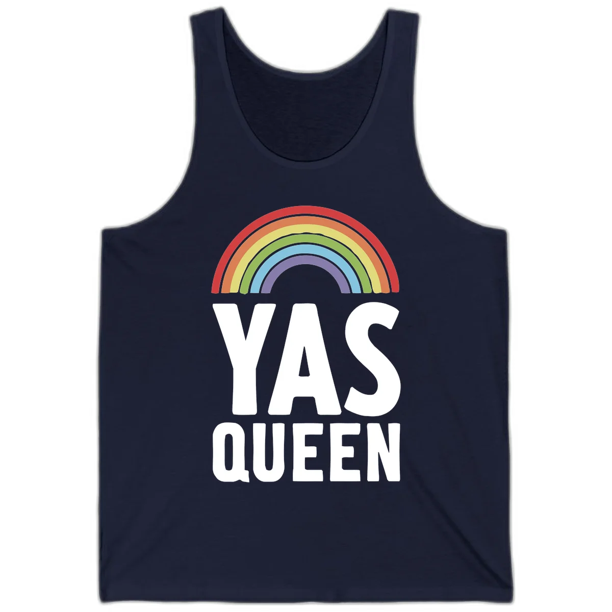 Yas queen pride rainbow design with colorful arc and bold white lettering on gray background in Navy