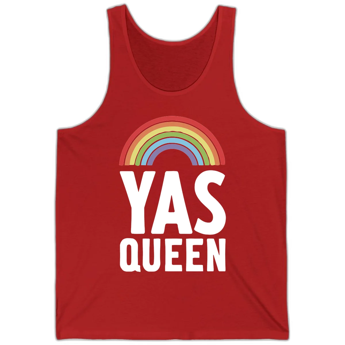 Yas queen pride rainbow design with colorful arc and bold white lettering on gray background in Red