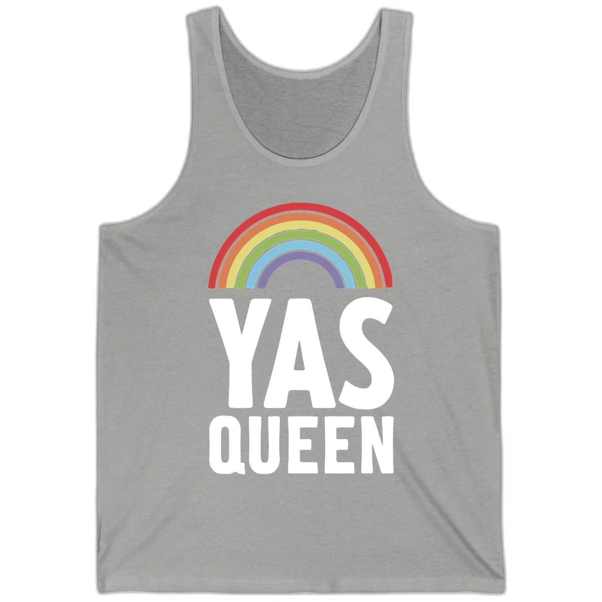 Yas queen pride rainbow design with colorful arc and bold white lettering on gray background in Athletic Heather