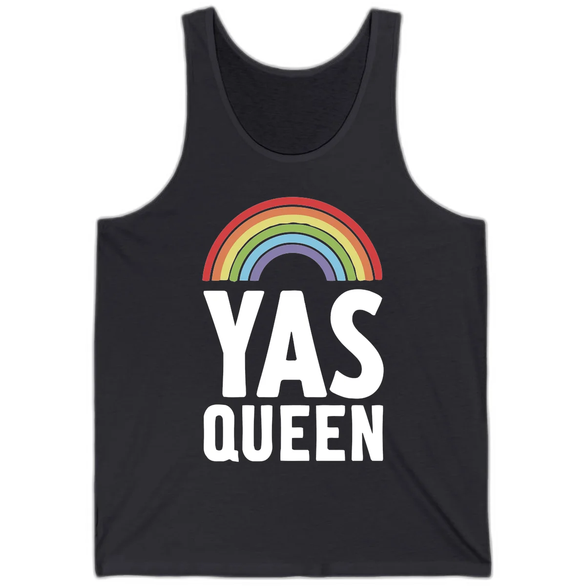 Yas queen pride rainbow design with colorful arc and bold white lettering on gray background in Dark Grey