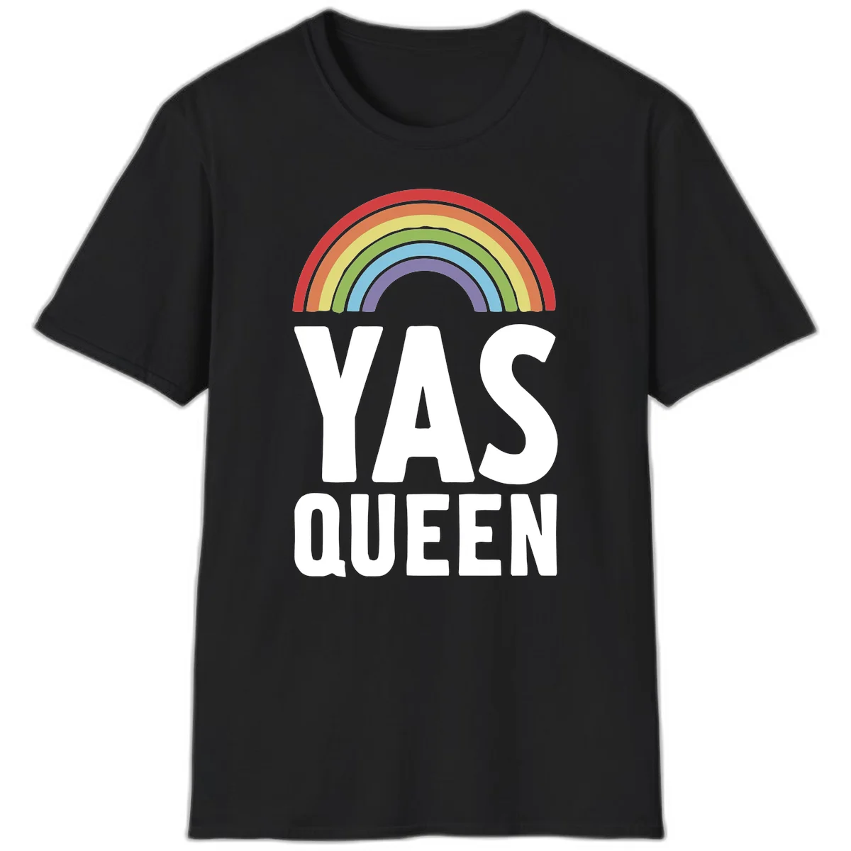 Yas queen pride rainbow design with colorful arc and bold white lettering on gray background in Black