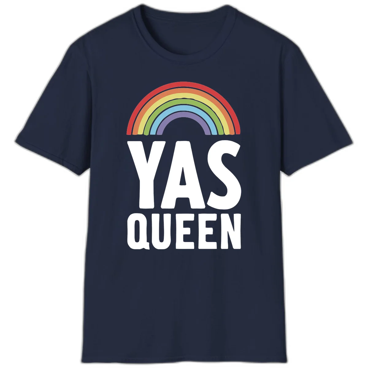 Yas queen pride rainbow design with colorful arc and bold white lettering on gray background in Navy
