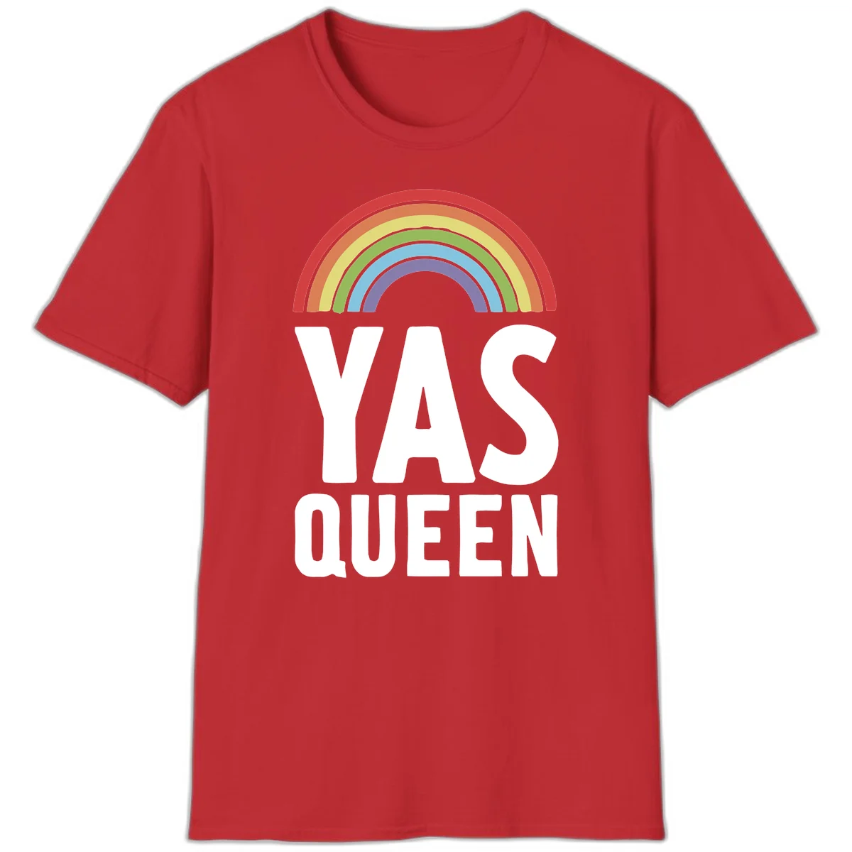 Yas queen pride rainbow design with colorful arc and bold white lettering on gray background in Red
