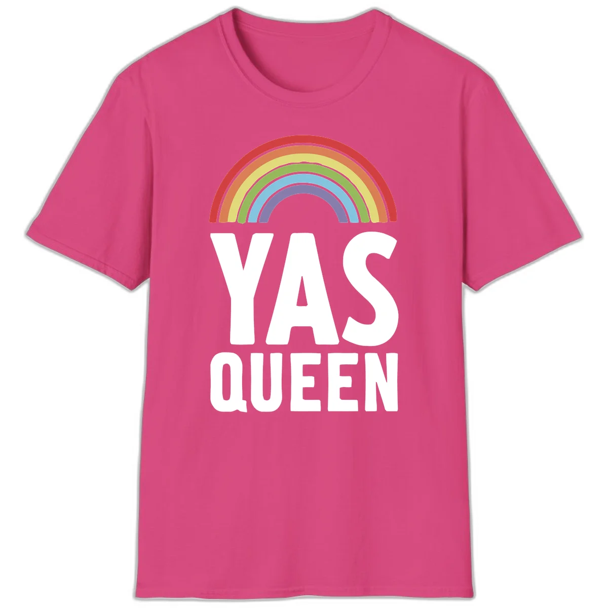 Yas queen pride rainbow design with colorful arc and bold white lettering on gray background in Heliconia