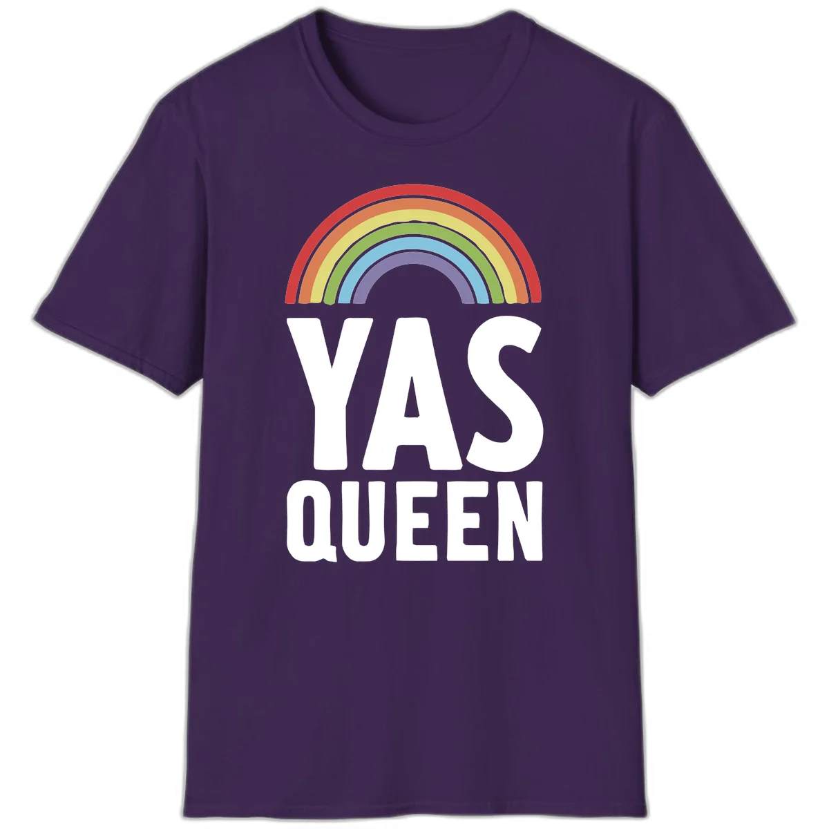 Yas queen pride rainbow design with colorful arc and bold white lettering on gray background in Purple