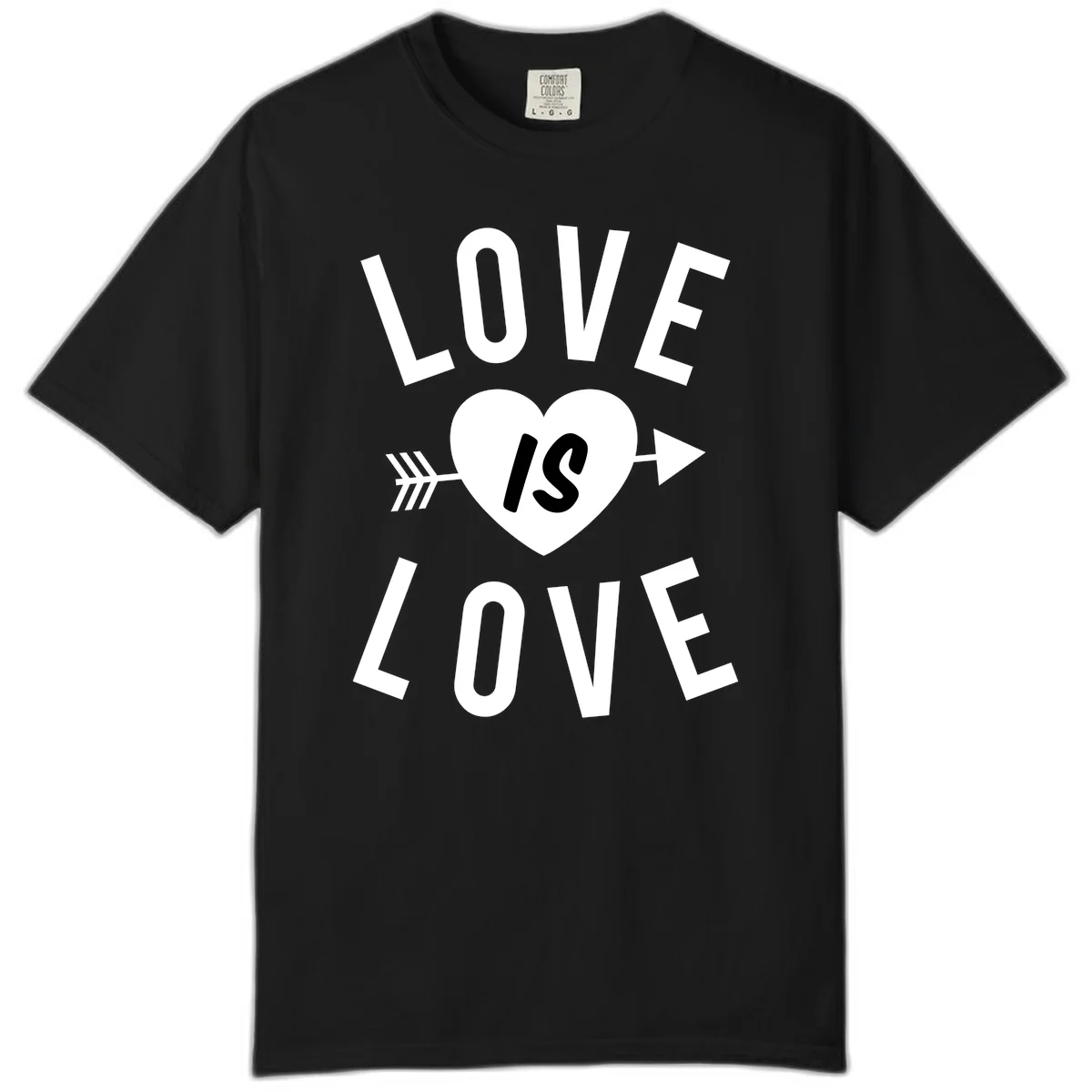 Love is love arrow heart design with white text and heart pierced by arrow on gray background in Black