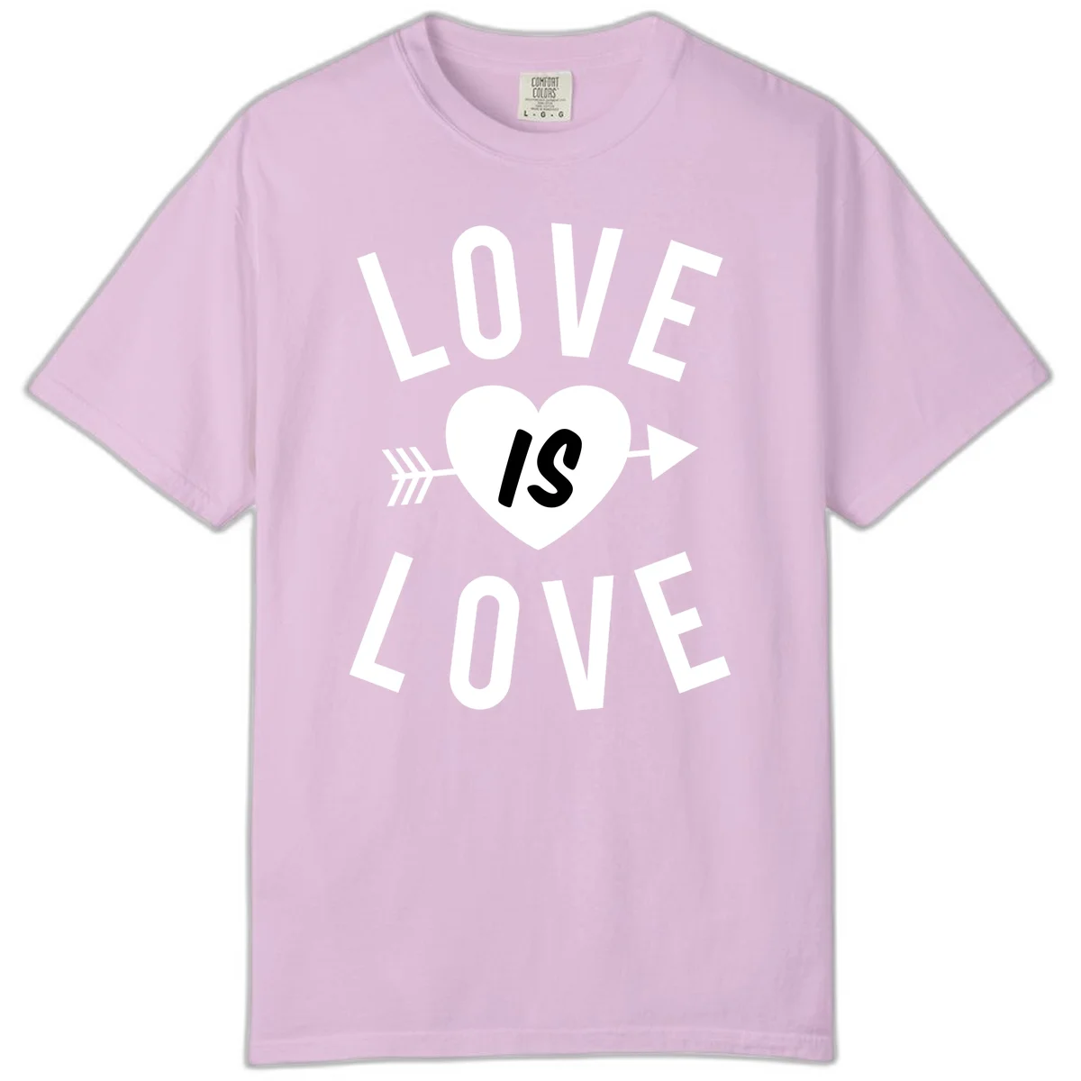 Love is love arrow heart design with white text and heart pierced by arrow on gray background in Orchid