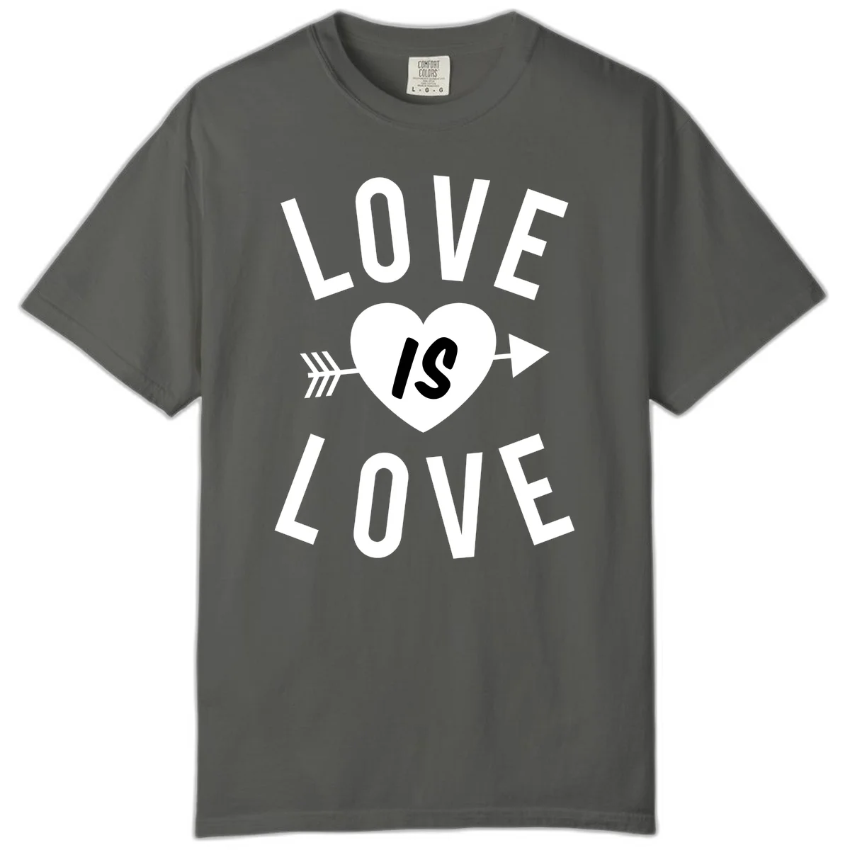 Love is love arrow heart design with white text and heart pierced by arrow on gray background in Pepper