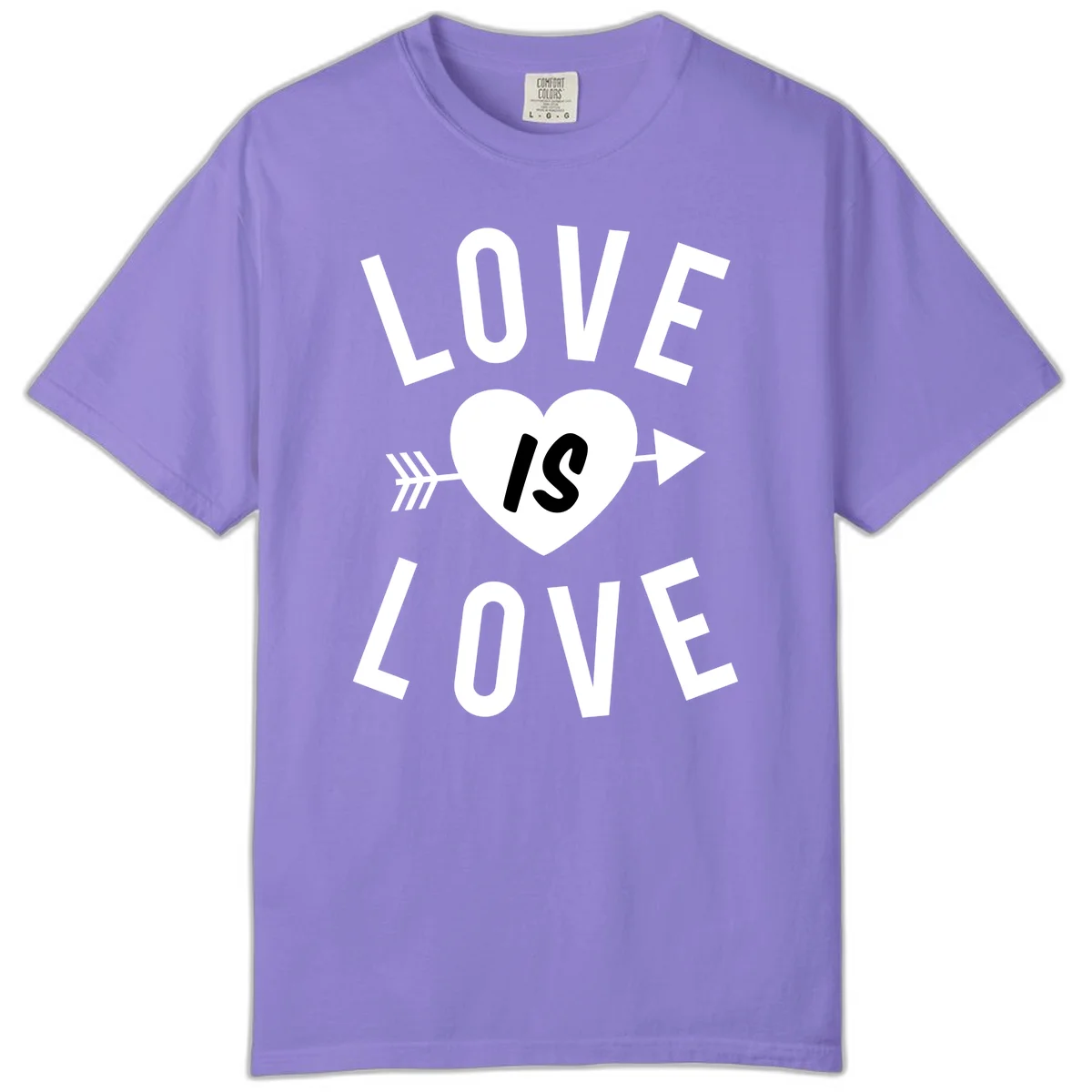 Love is love arrow heart design with white text and heart pierced by arrow on gray background in Violet