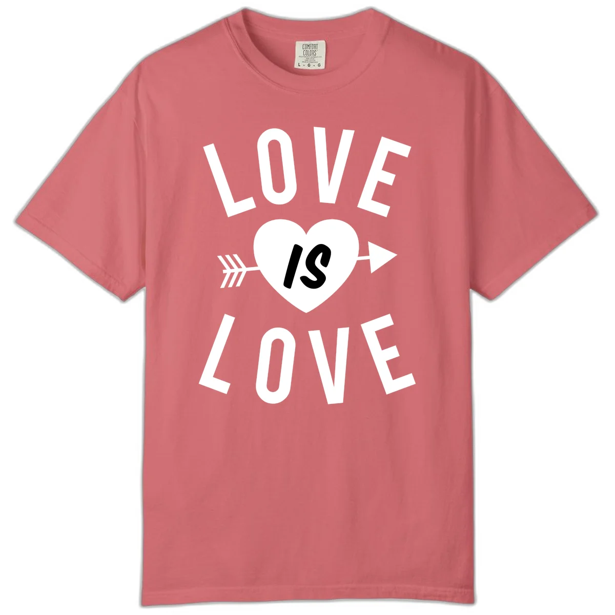Love is love arrow heart design with white text and heart pierced by arrow on gray background in Watermelon