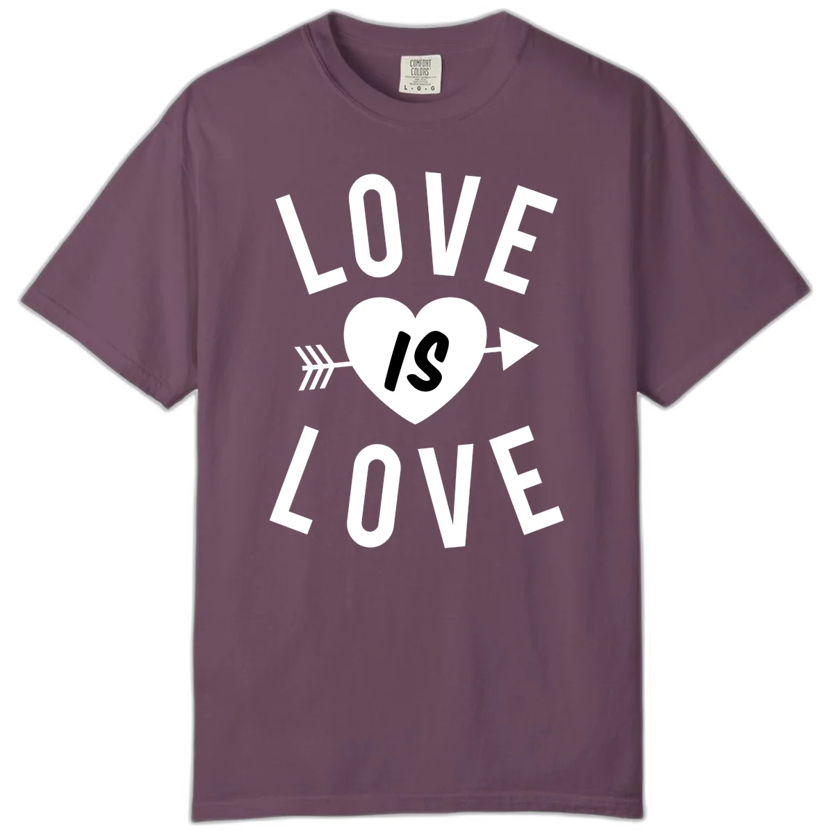 Love is love arrow heart design with white text and heart pierced by arrow on gray background in Berry