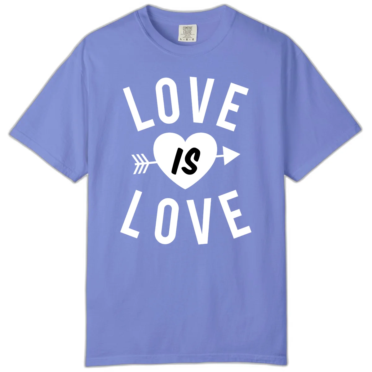 Love is love arrow heart design with white text and heart pierced by arrow on gray background in Flo Blue