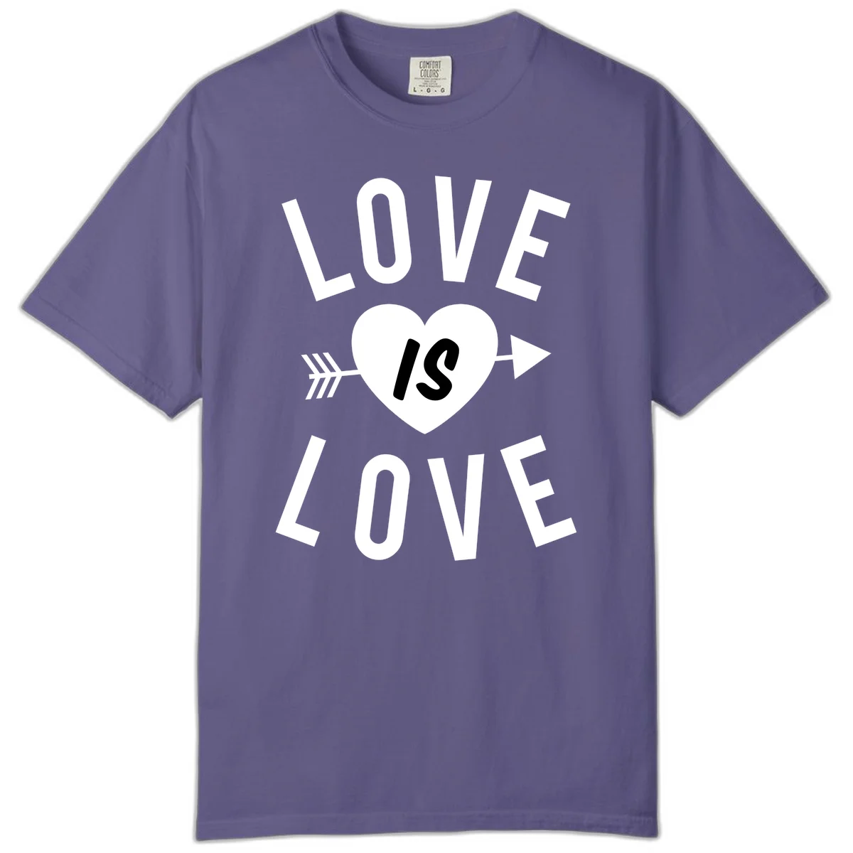 Love is love arrow heart design with white text and heart pierced by arrow on gray background in Grape