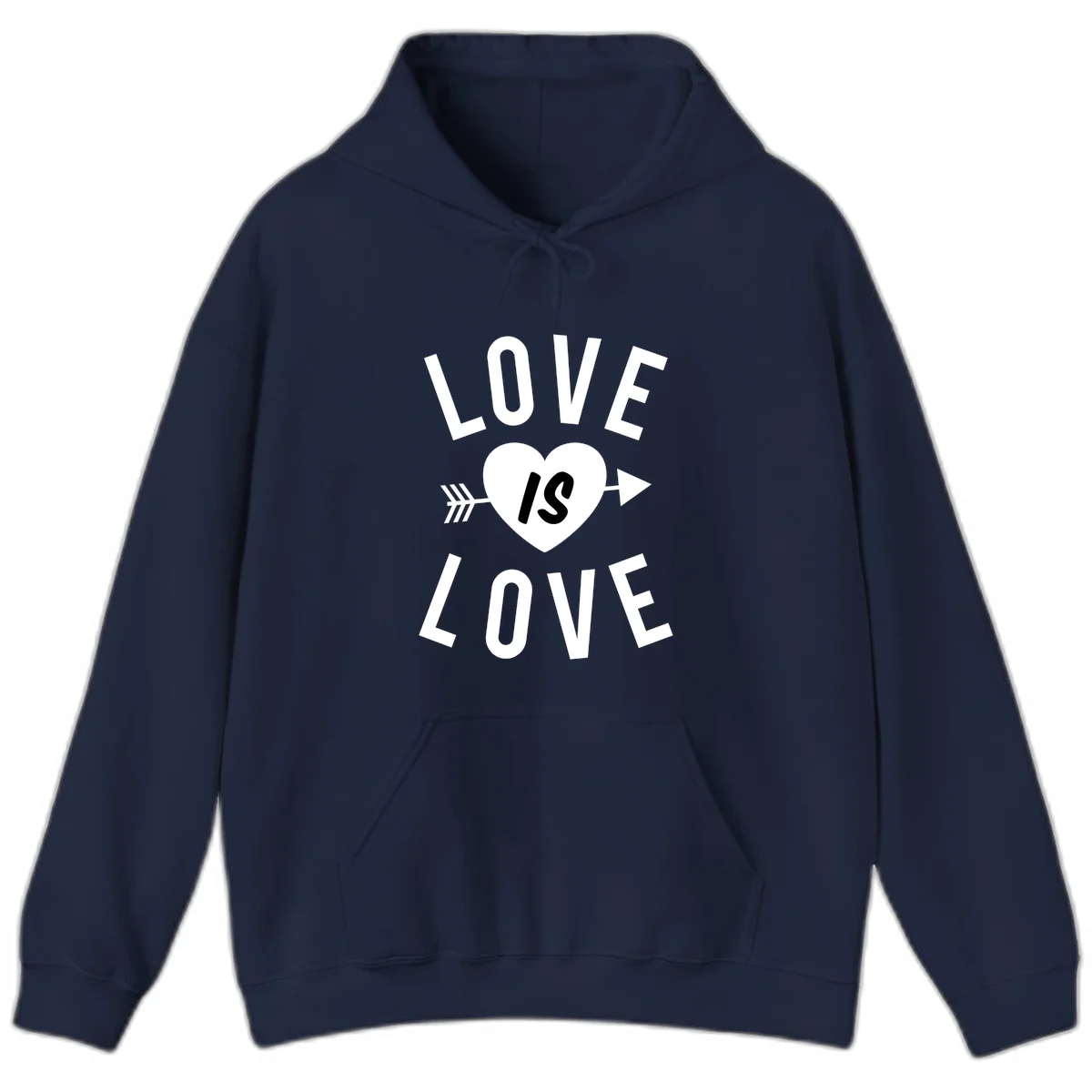 Love is love arrow heart design with white text and heart pierced by arrow on gray background in Navy