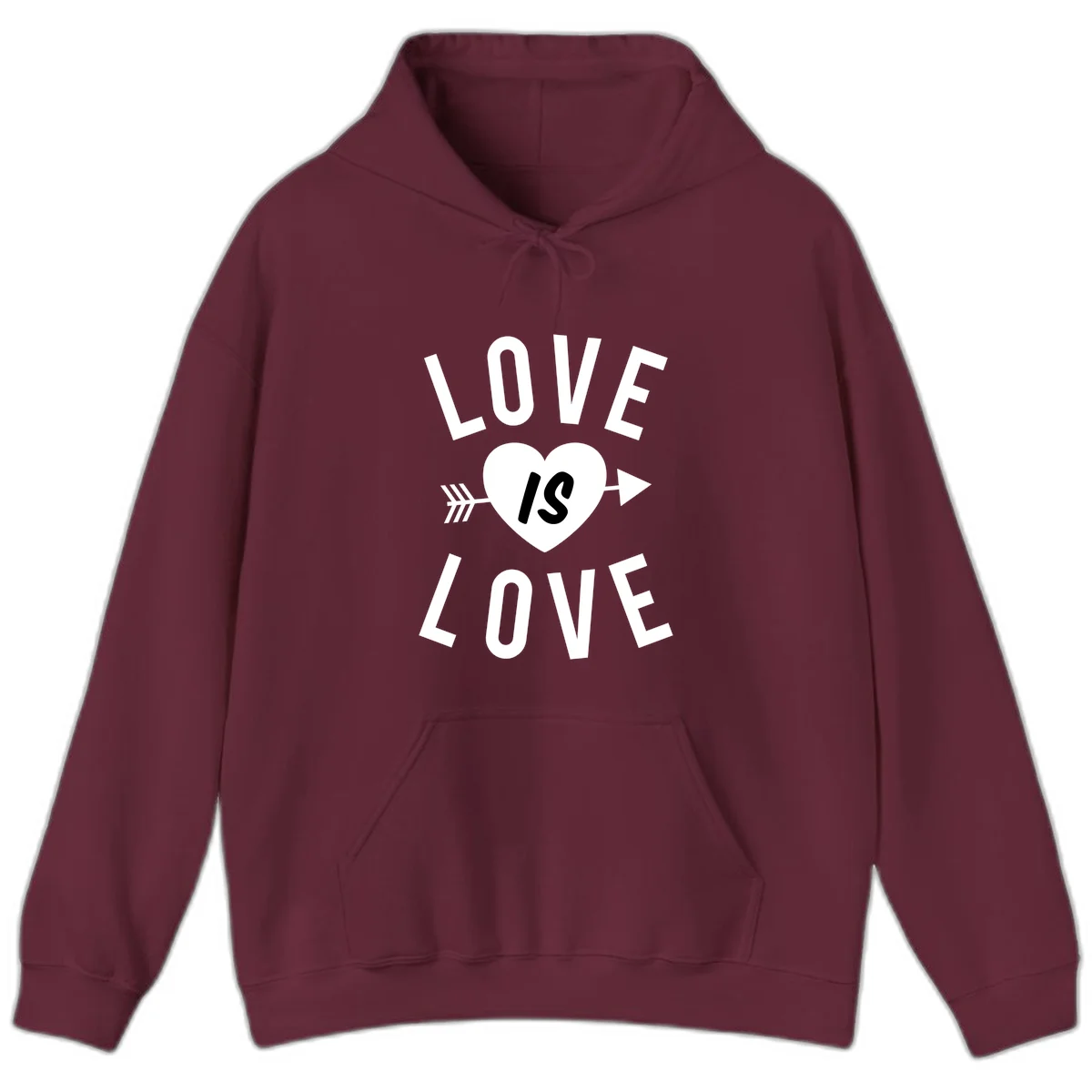 Love is love arrow heart design with white text and heart pierced by arrow on gray background in Maroon