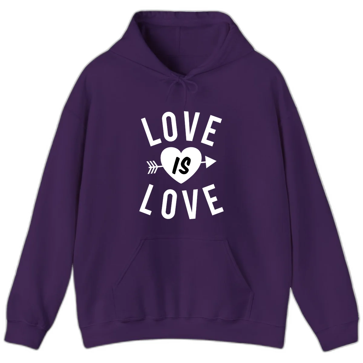 Love is love arrow heart design with white text and heart pierced by arrow on gray background in Purple