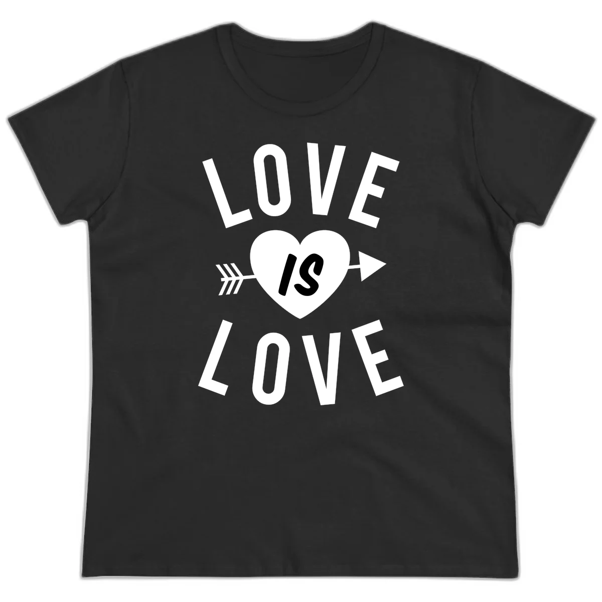Love is love arrow heart design with white text and heart pierced by arrow on gray background in Black