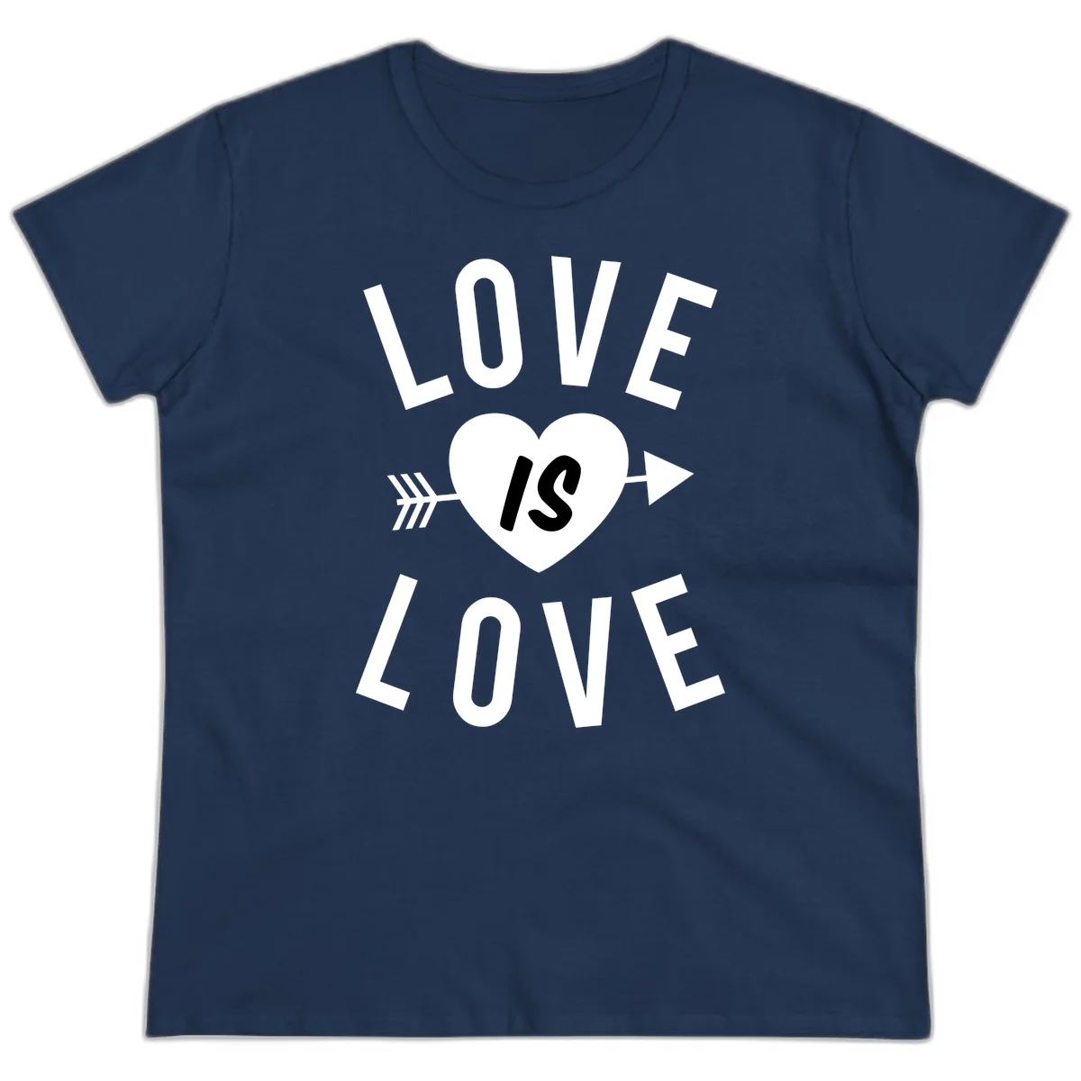 Love is love arrow heart design with white text and heart pierced by arrow on gray background in Navy