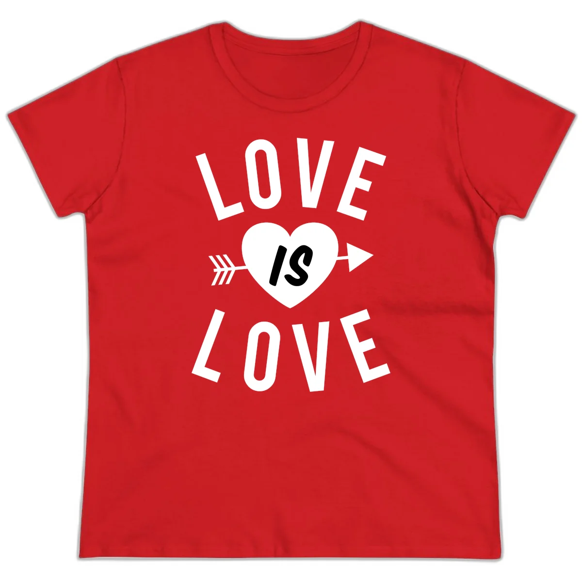 Love is love arrow heart design with white text and heart pierced by arrow on gray background in Red