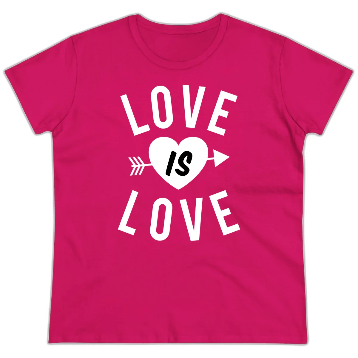 Love is love arrow heart design with white text and heart pierced by arrow on gray background in Heliconia
