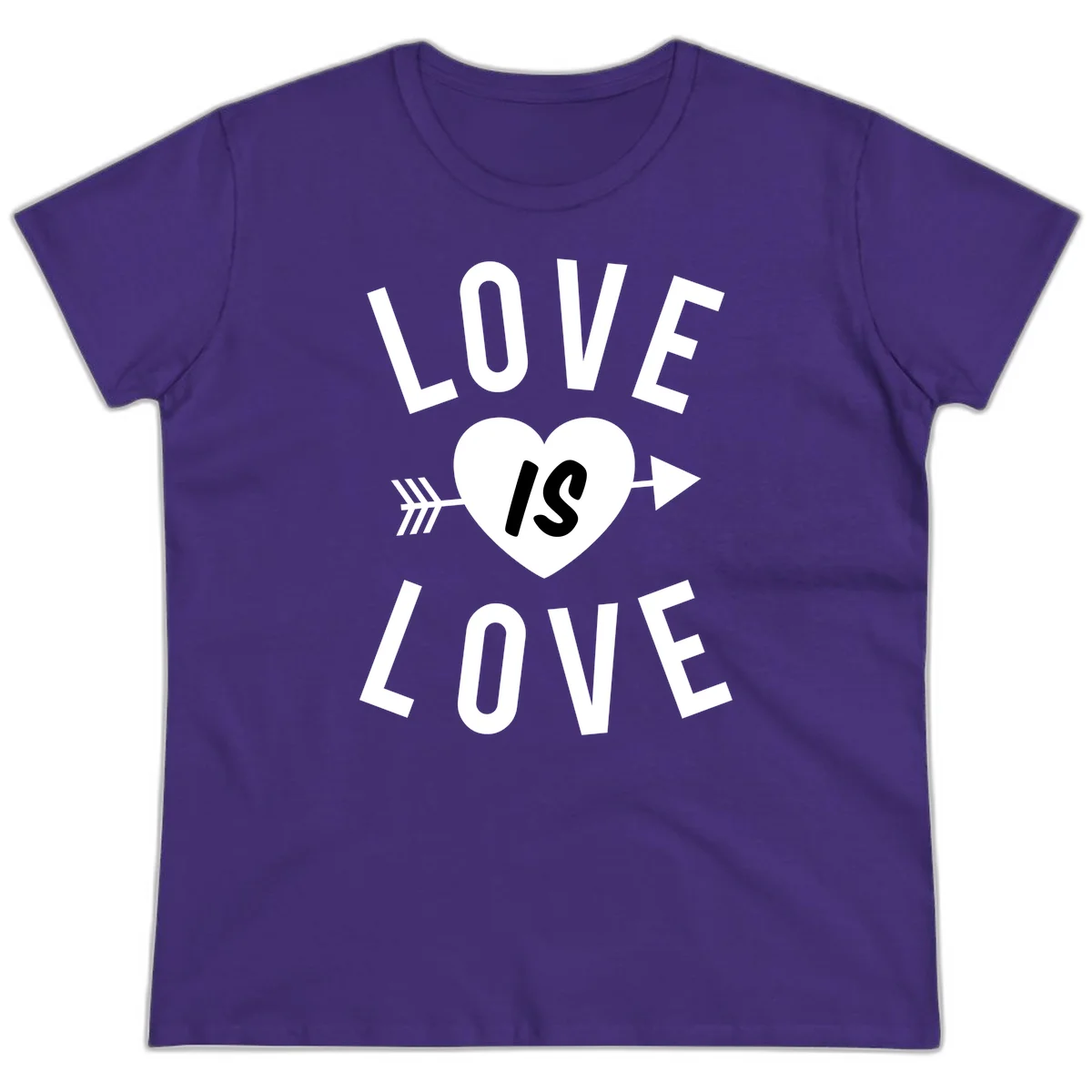 Love is love arrow heart design with white text and heart pierced by arrow on gray background in Purple