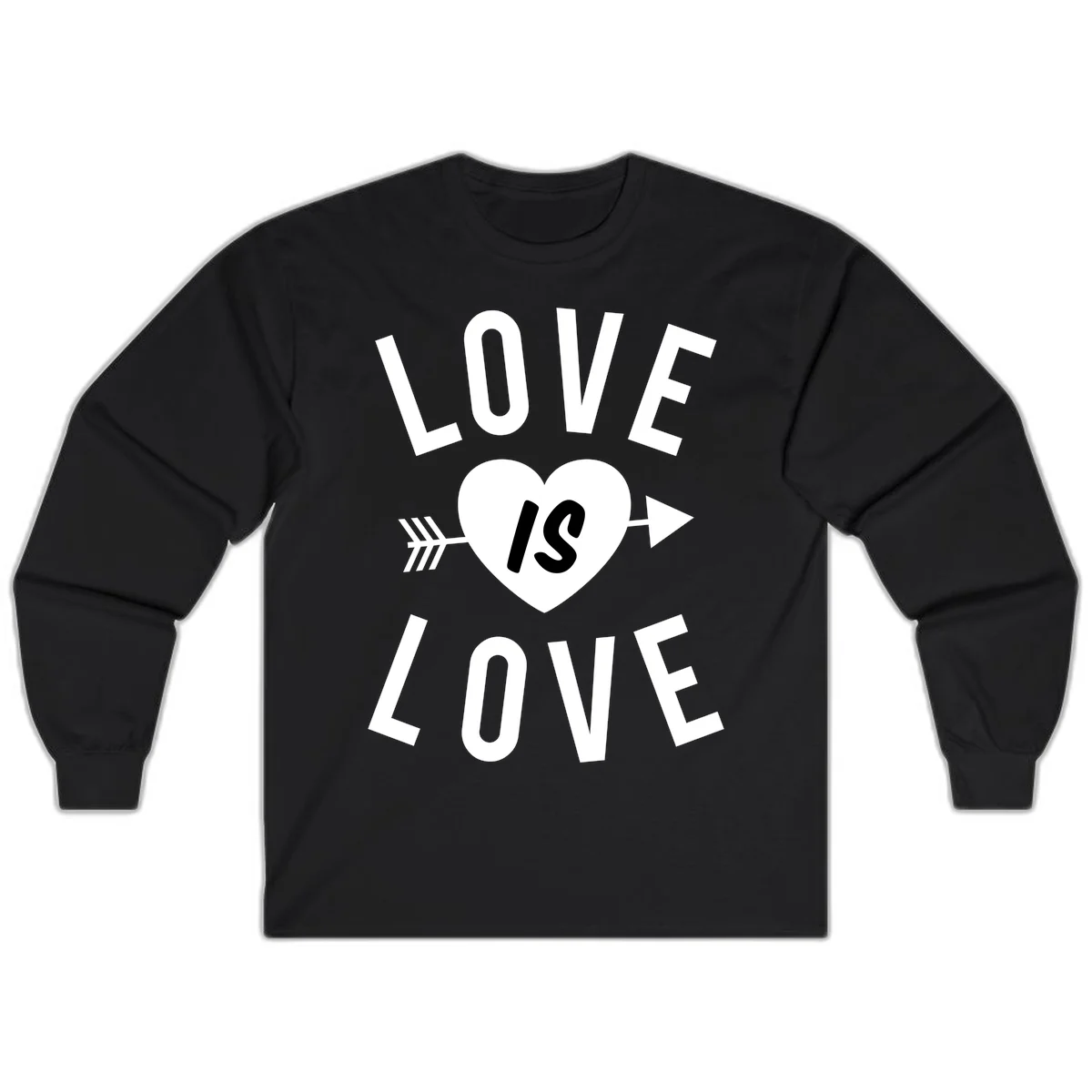 Love is love arrow heart design with white text and heart pierced by arrow on gray background in Black