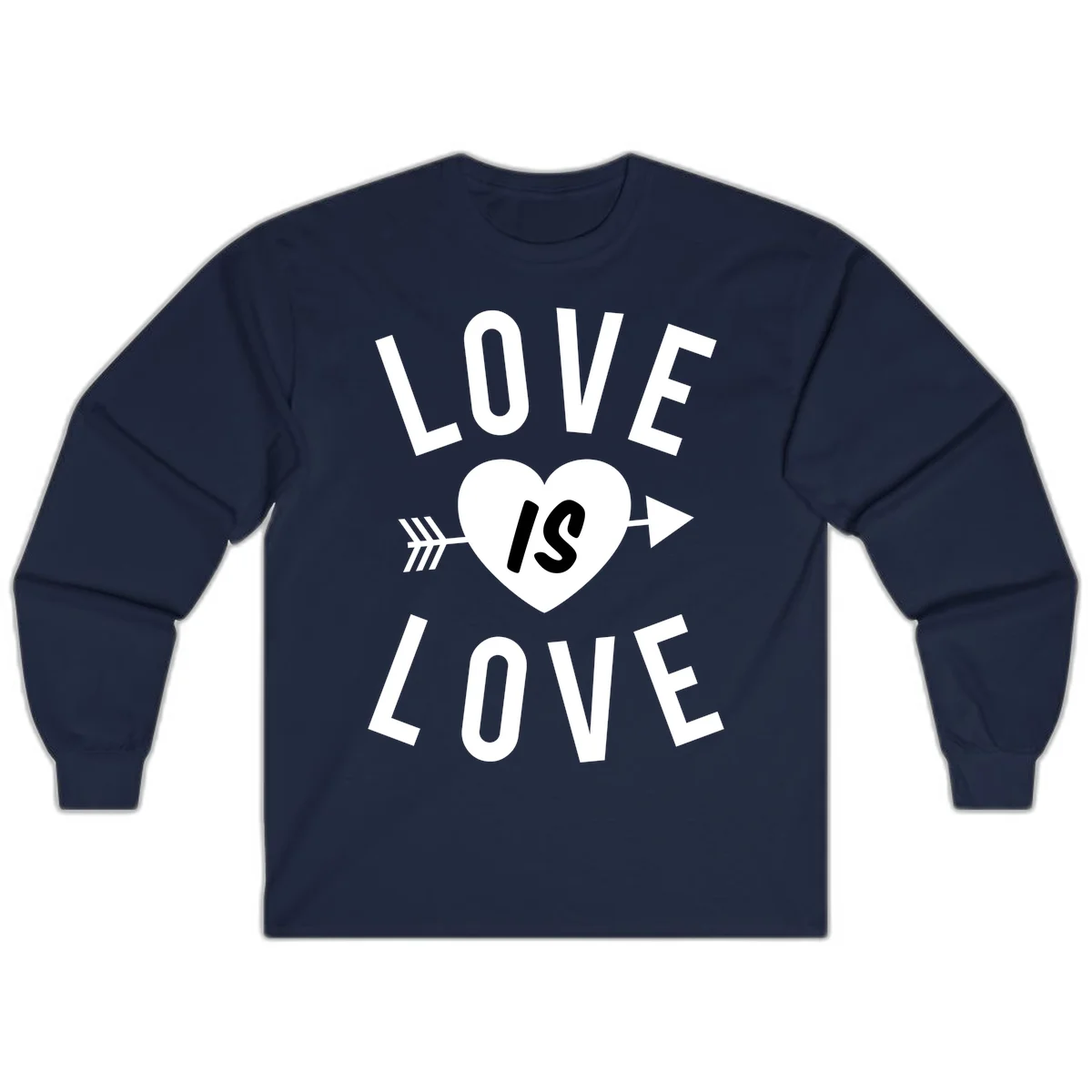 Love is love arrow heart design with white text and heart pierced by arrow on gray background in Navy
