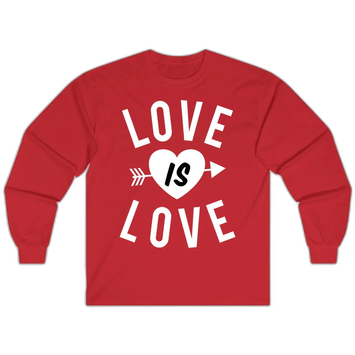 Love is love arrow heart design with white text and heart pierced by arrow on gray background in Red