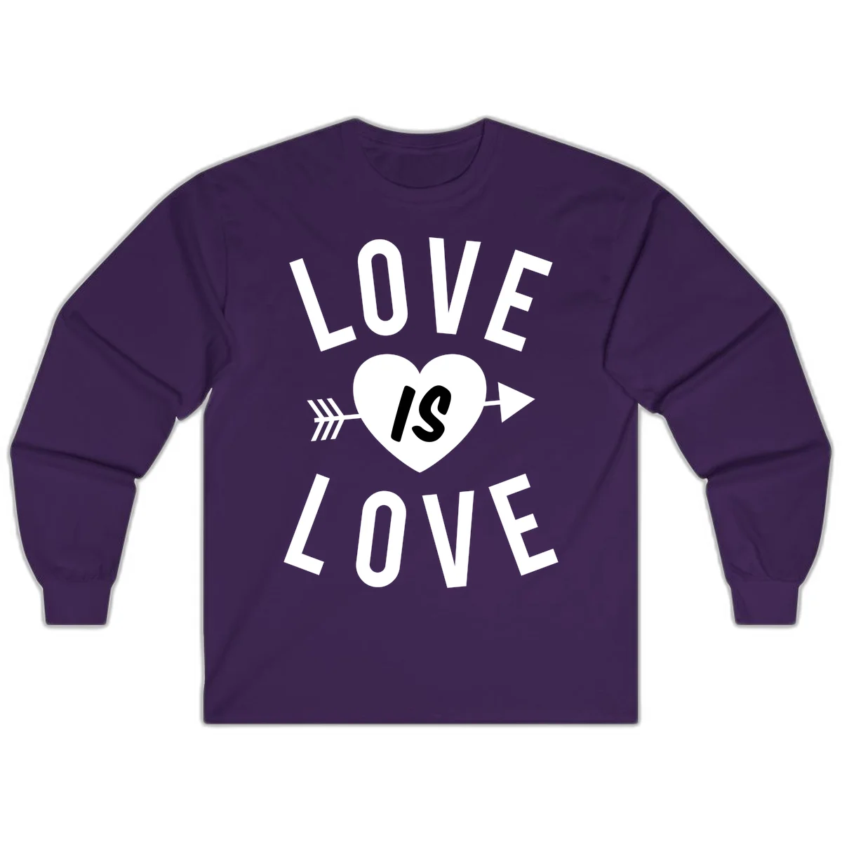 Love is love arrow heart design with white text and heart pierced by arrow on gray background in Purple