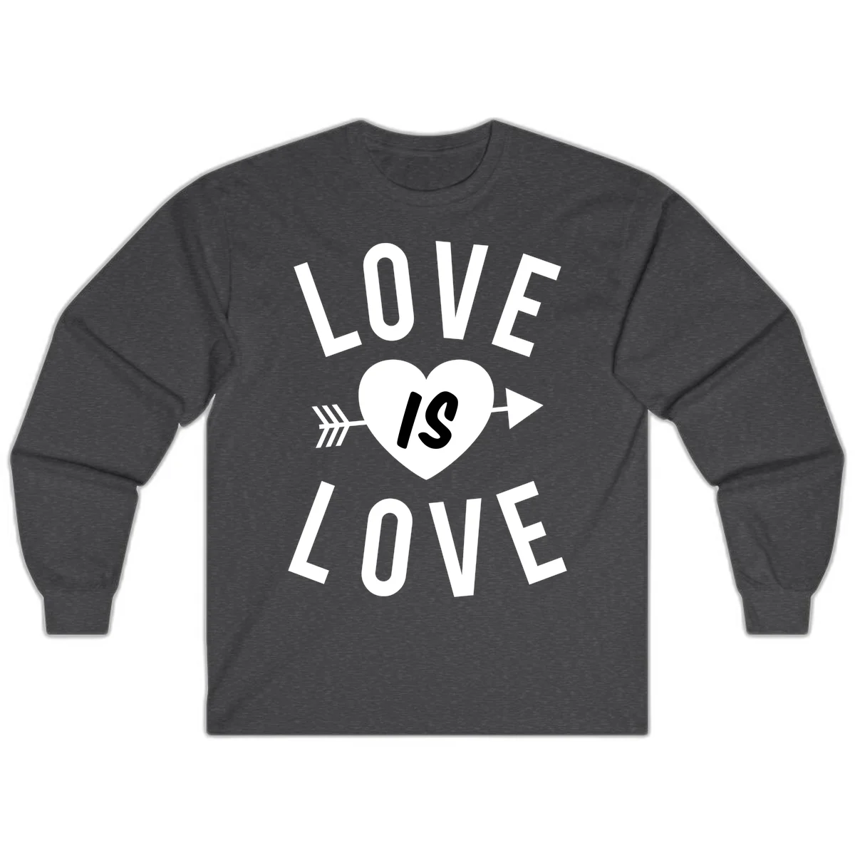 Love is love arrow heart design with white text and heart pierced by arrow on gray background in Dark Heather
