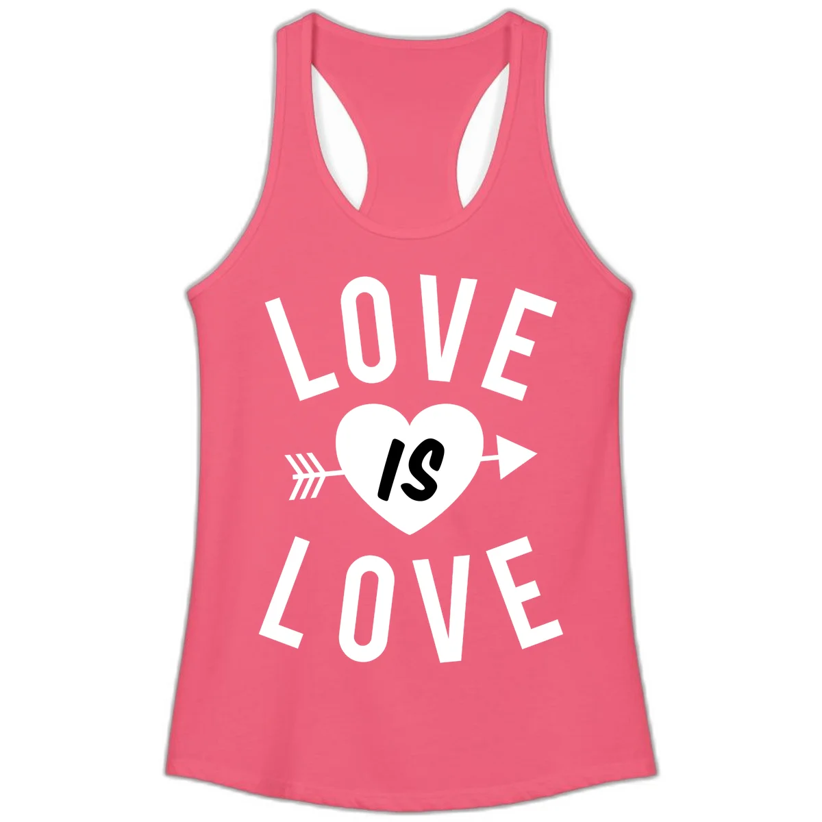 Love is love arrow heart design with white text and heart pierced by arrow on gray background in Hot Pink