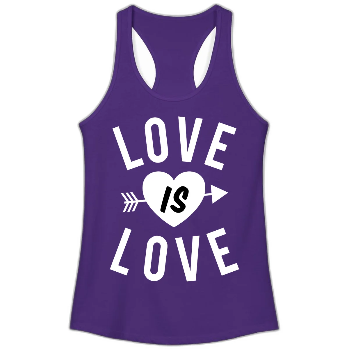 Love is love arrow heart design with white text and heart pierced by arrow on gray background in Solid Purple Rush